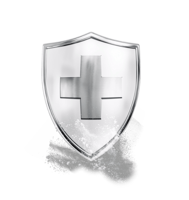 Ethoss synthetic bone graft material. image shows a silver shield with an embossed cross on the front.